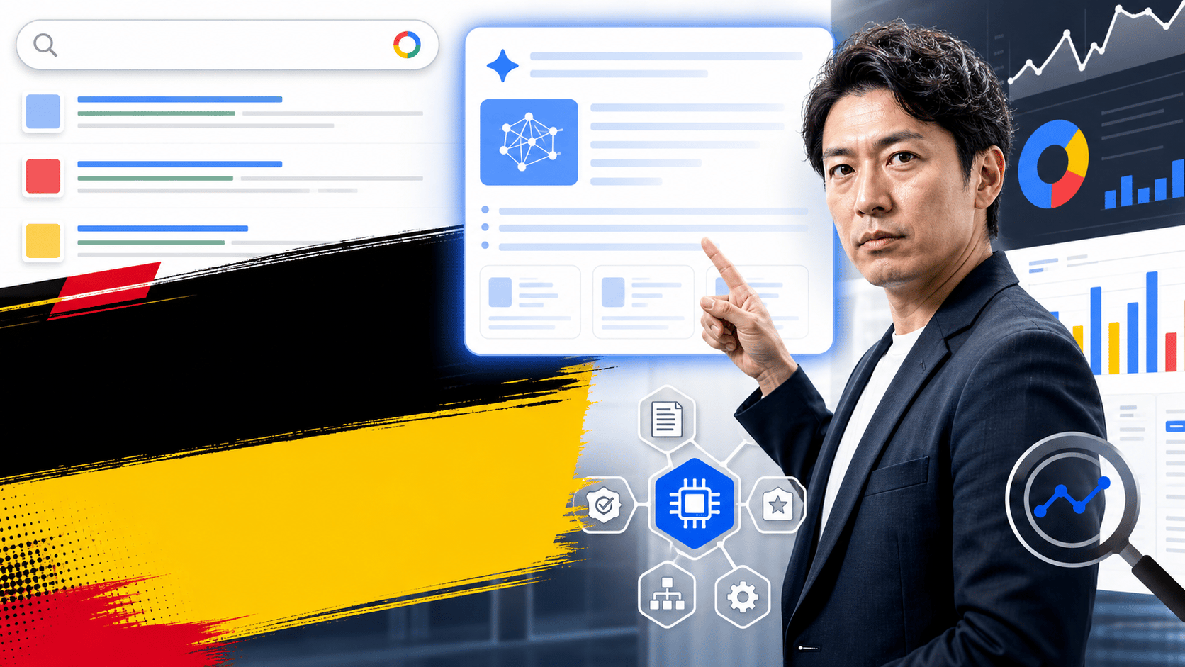 Google AI検索とSEO活用を解説するビジネス講座風サムネイル